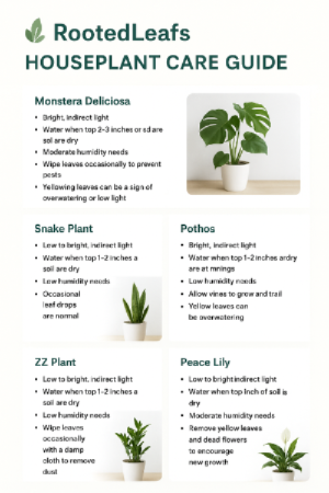 Rooted Leafs Gardners presents the Top 5 essential care tips for Monsteras, Snake Plants, ZZ plants, Peace Lilies, and Pothos.